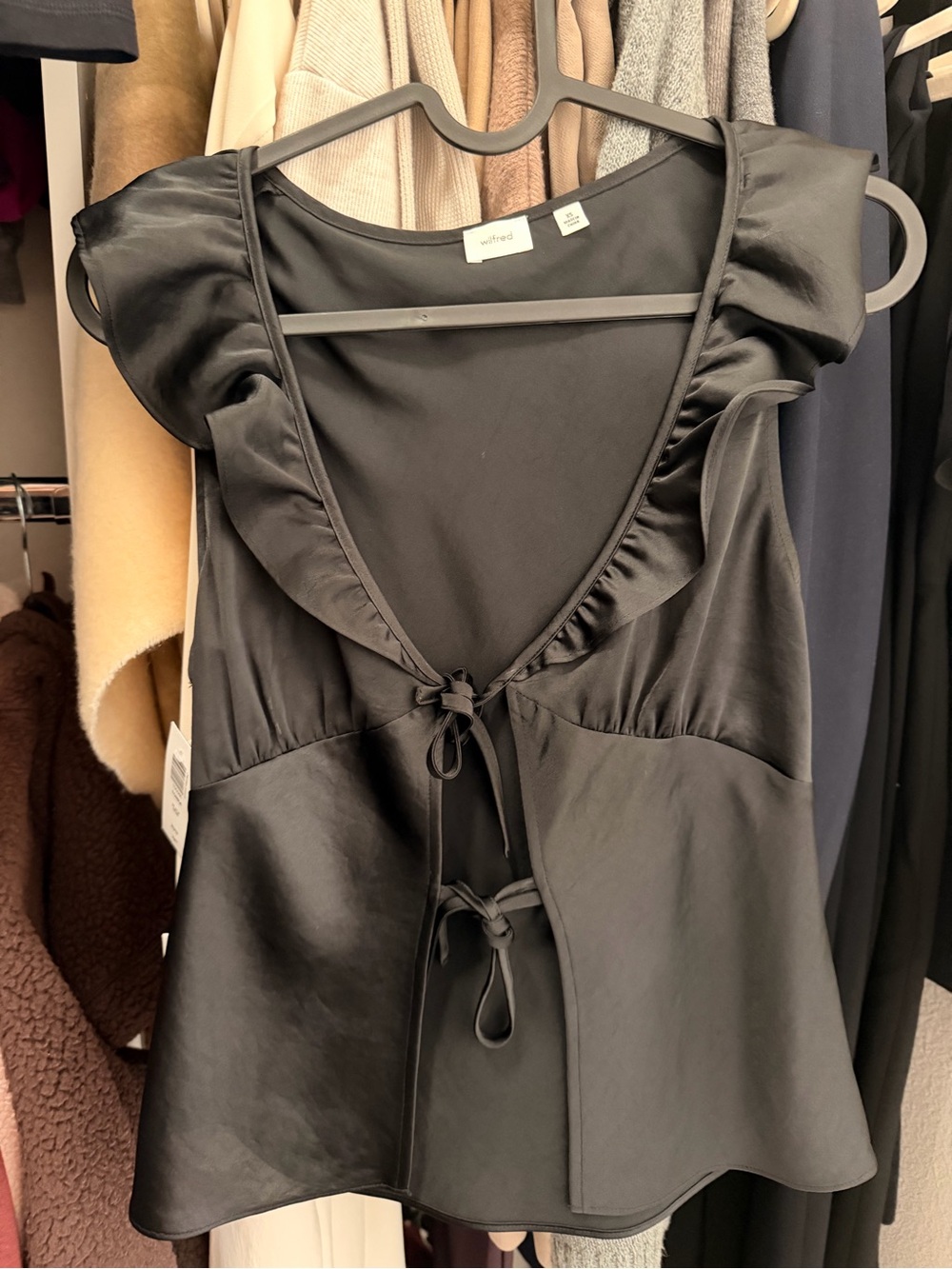 Aritzia Tonka Black Satin Tie-Front Top